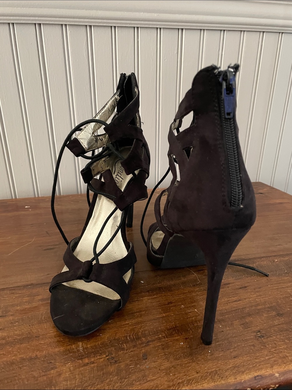 Candie's Black Suede Strappy Lace-Up Stiletto Heels
